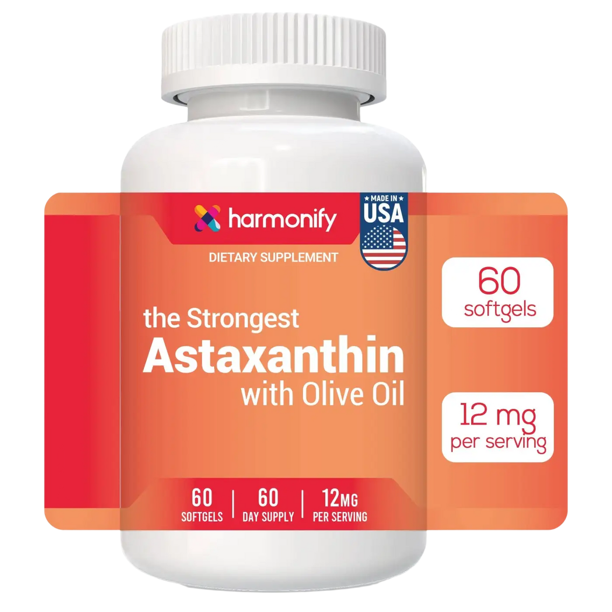 HARMONIFY Astaxanthin 12mg Weichkapseln, 60 Stück, antioxidative Nahrungsergänzung mit Olivenöl und Vitamin E für Haut, Augen, Gelenke