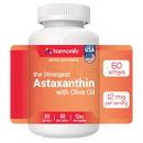 Weiße plastikflasche mit harmonify astaxanthin 12mg softgels und potent antioxidant support durch olivenöl