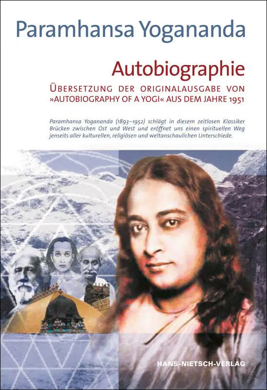 Buchcover der Autobiographie eines Yogi von Paramahansa Yogananda mit spirituellem Titel und spiritueller Illustration