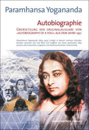 The book cover of Autobiographie eines Yogi shows paramahansa yogananda in a light garment with geometric patterns, ideal for men profound access