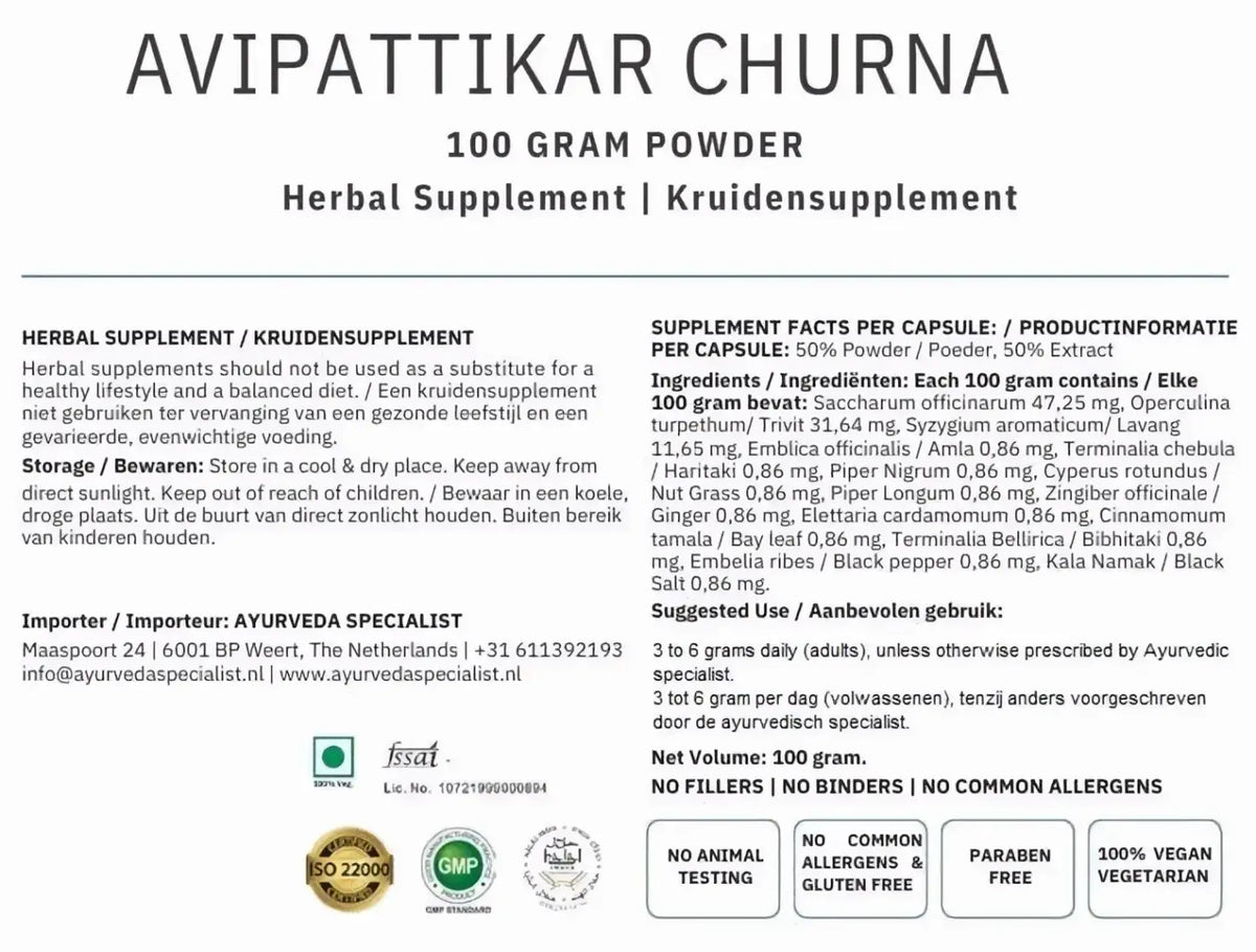 Avipattikar Churna von Ayurveda Specialist B.V., ayurvedisches Nahrungsergänzungsmittel in Pulverform, für die Verdauungsgesundheit.