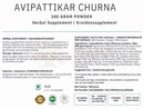 Avipattikar churna 100 gram pulver herbal supplement in packung mit weißem und grünem etikett ayurveda specialist mit reinigender wirkung