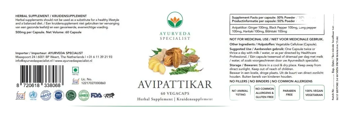 Vegane Avipattikara Nahrungsergänzungskapseln in einer Packung, mit Kräuterextrakten, von Ayurveda Specialist B.V.
