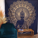 Ritualtuch und Wandbehang für 2 Personen aus Baumwolle mit Buddha-Motiv, Blaugold, 230x200 cm, von AW Artisan