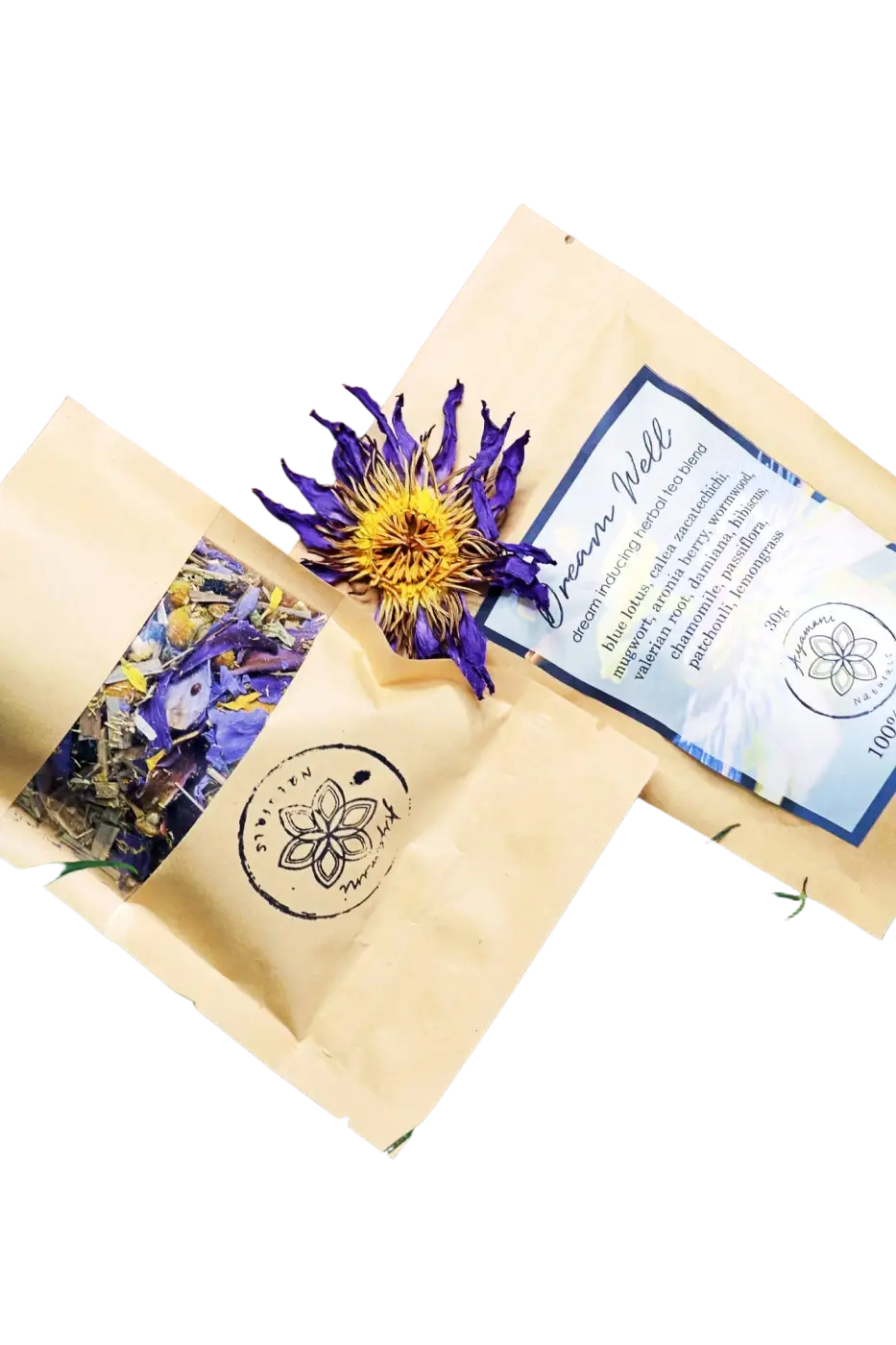 Ayamani Naturals Dream Well Kräutertee in einer Tasse, mit getrockneten Kräutern, ideal für luzides Träumen und Astralprojektion.
