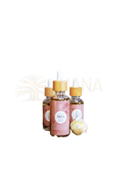 Drei glas-tropfflaschen mit bambusdeckeln und pinken friya-etiketten von ayamani naturals für bewusste freya oil rituale