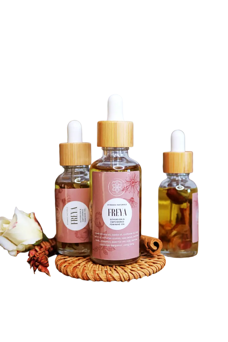 Ayamani Naturals FREYA Öl, feminines Ritual- und Körpermassageöl, natürliche feminine Pflege, Flasche mit goldener Verschlusskappe