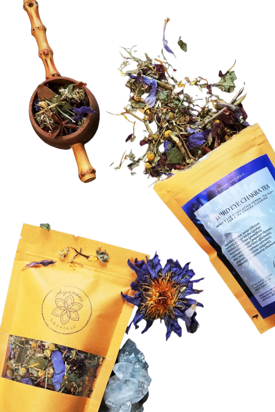 Ayamani Naturals Kräutertee für das dritte Auge, Chakra und Zirbeldrüse, mit getrockneten Kräutern und Blättern in einer Packung
