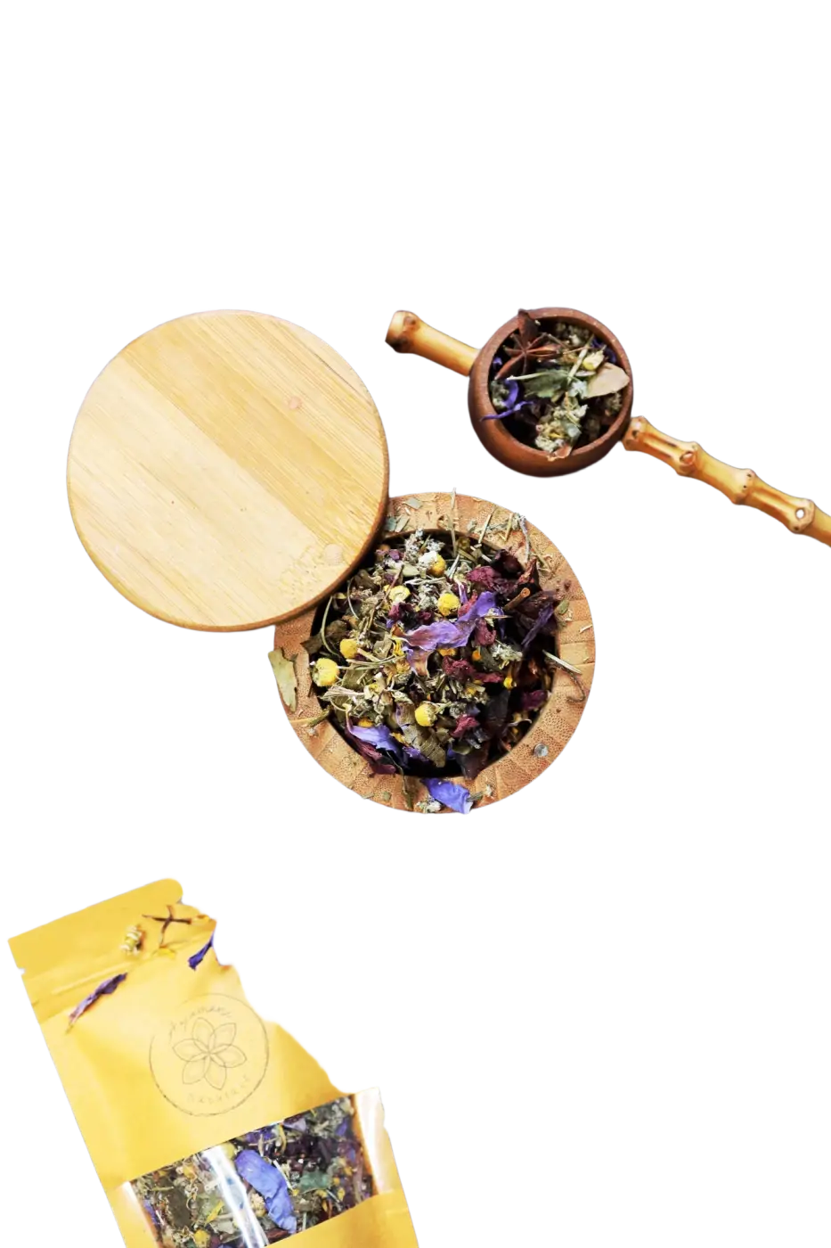 Ayamani Naturals Kräutertee für das dritte Auge, Chakra und Zirbeldrüse, zeigt eine Packung mit getrockneten Kräutern, 30g.
