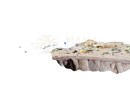 Kraftpapierbeutel mit getrockneten blauen und gelben blütenblättern von ayamani naturals halschakra kräutertee vishuddha