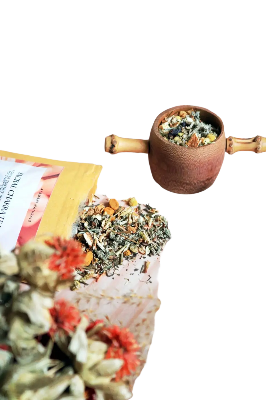 Ayamani Naturals Sakralchakra Kräutertee mit weiblicher Kräutermischung, naturbelassener Tee in Packung, aromatisch und entspannend