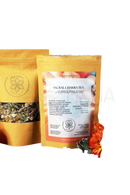 Gelber ayamani naturals sacral chakra kräutertee beutel mit sichtfenster und illustrierter zutatenliste für wellness drink