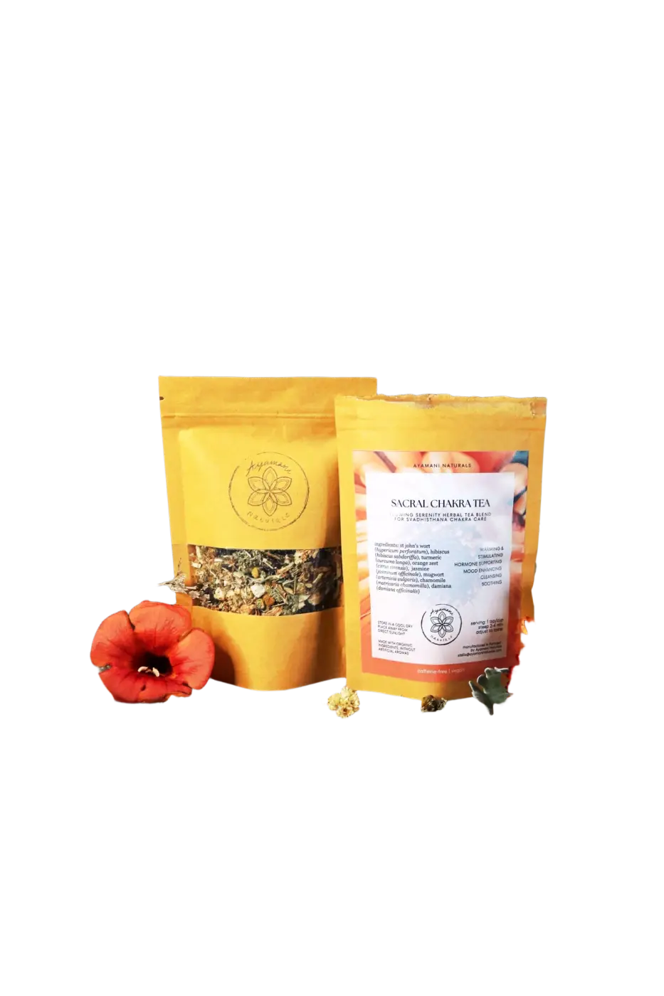 Ayamani Naturals Sakralchakra Kräutertee mit weiblicher Kräutermischung, naturbelassener Tee zur Unterstützung des Sakralchakras.