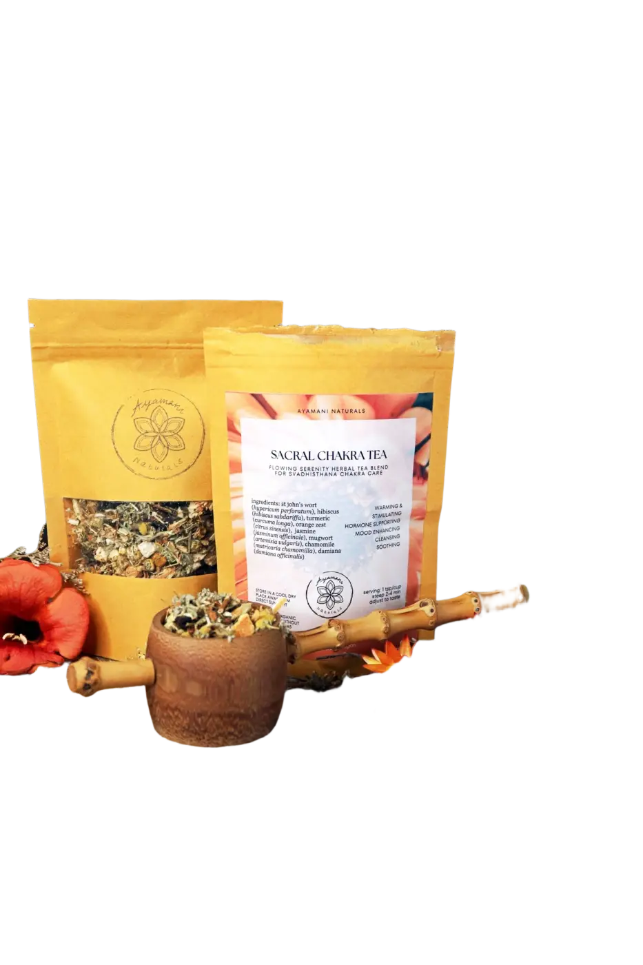 Ayamani Naturals Sakralchakra Kräutertee mit weiblicher Kräutermischung, belebender Tee für das Chakra, in einer Tasse.