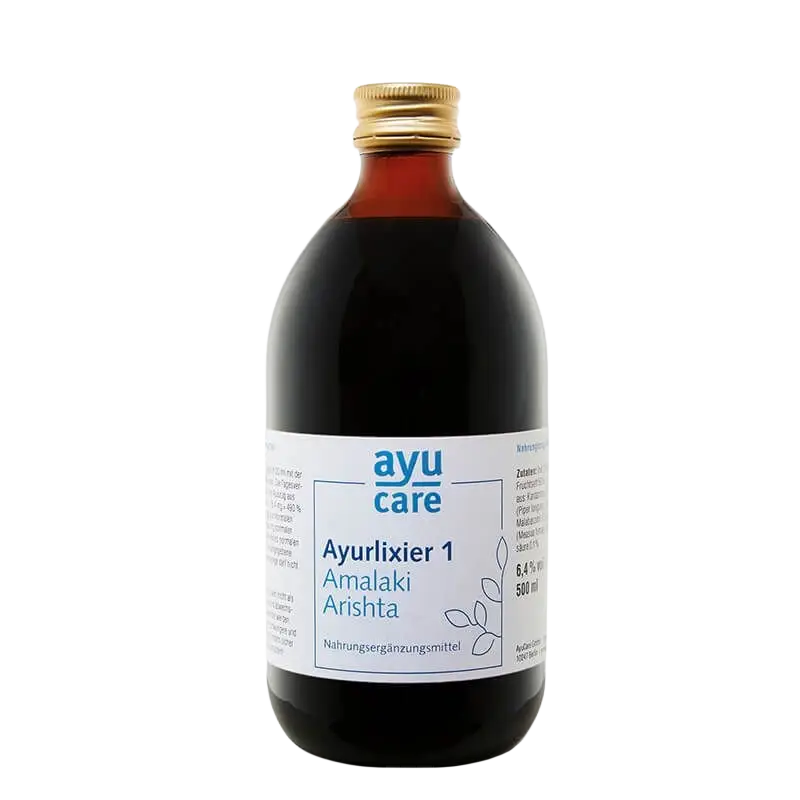 Dunkelbraune Flasche Ayucare Ayurlixier Amalaki Arishta Gärgetränk 500ml, Bernsteinfarbe, naturbelassenes Produkt, traditionelle ayurvedische Medizin