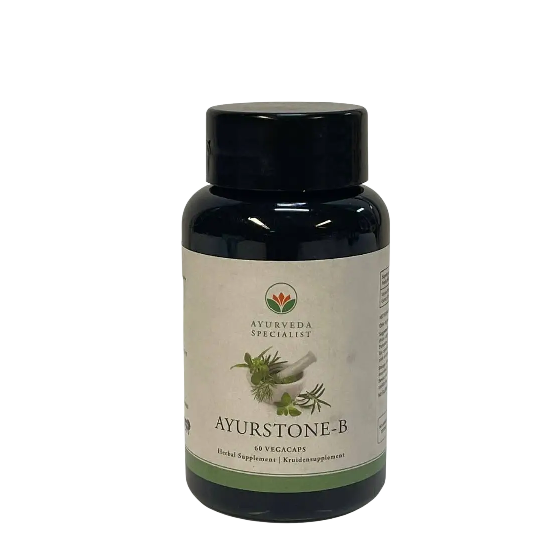 Ayurstone-B 500 mg Nahrungsergänzungsmittel in Glasflasche, dunkler Hintergrund, natürliche Verpackung, Illustration des Produkts