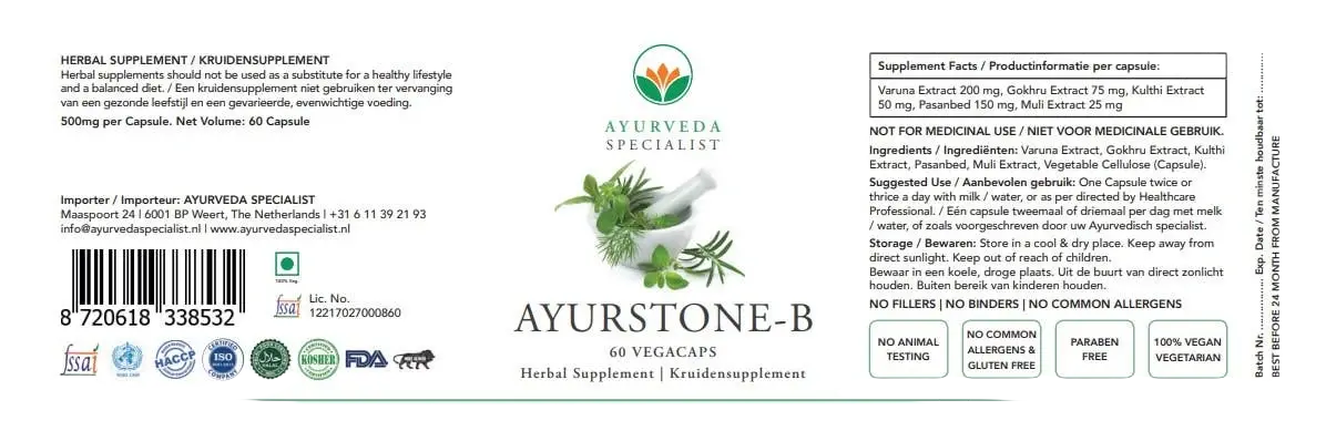Ayurstone-B 500 mg Nahrungsergänzungsmittel mit Kräuterextrakten, weiße Tablette, Ayurveda Specialist B.V.