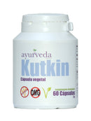 Pflanzliches Nahrungsergänzungsmittel Kutkin von Ayurveda Auténtico, Extrakt aus Picrorhiza kurroa, in einer Glasflasche auf weißem Hintergrund