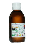 Bio Sesamöl von Ayurveda Auténtico, kaltgepresstes Öl für Küche und Körperpflege, Flasche mit goldgelbem Öl.