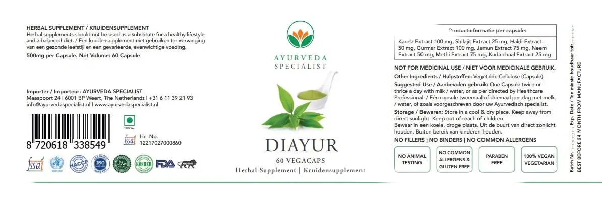 Ayurveda Diayur 500 mg Kapseln für gesunden Blutzucker und Energie, Darreichungsform und Verpackung sichtbar