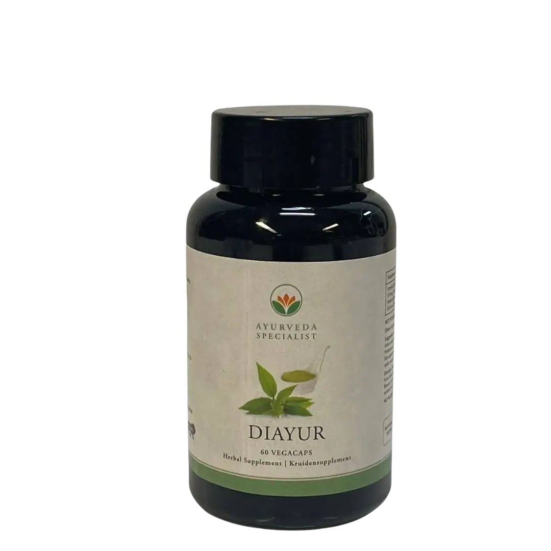 Ayurveda Diayur 500 mg Kapseln für gesunden Blutzucker und Energie, Verpackung und Kapseln im Bild
