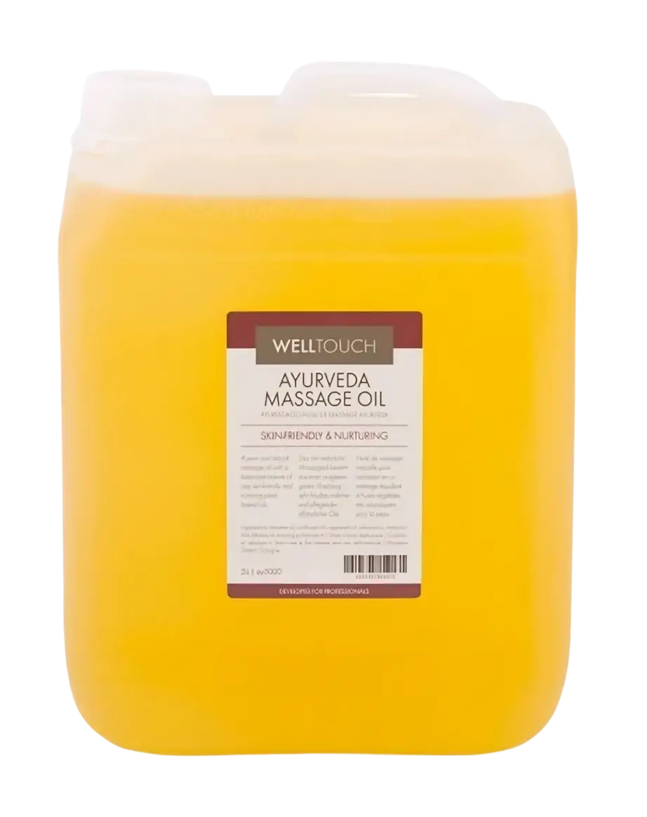 Ayurveda Massageöl von WellTouch, durchsichtiges gelbes Körperöl, für entspannende Massageanwendungen.