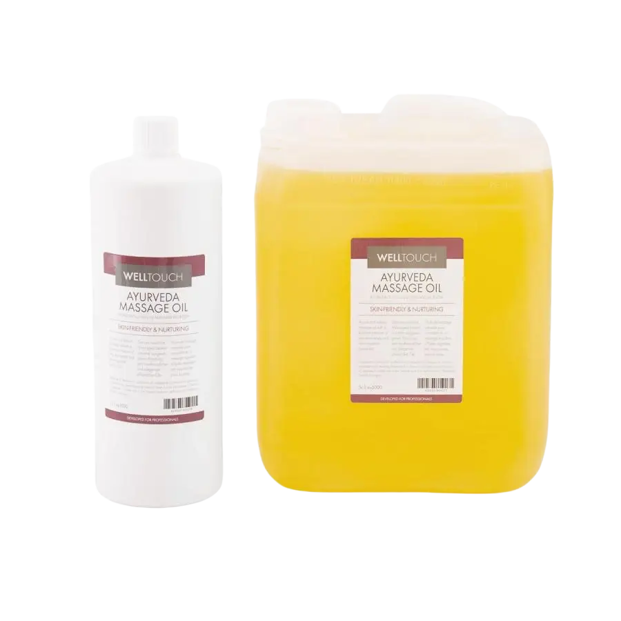 WellTouch Ayurveda Körperöl in weißer Flasche, entspannendes Massageöl für die Haut, natürliches ayurvedisches Körperöl
