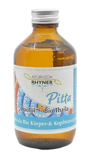 Amber glasflasche mit silbernem deckel und blau-weißem etikett ayurveda rhyme thaila pitta ayurvedisches massageöl bio 250ml