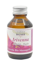 Eine braune glasflasche mit silberverschluss und rosa weißem etikett ayurvedic emergency oil thaila irvenna 100ml von ayurveda rhyner