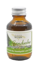 Braune glasflasche mit silbernem schraubverschluss und grünem etikett ayurveda rhyner gandusha thaila bio 500ml