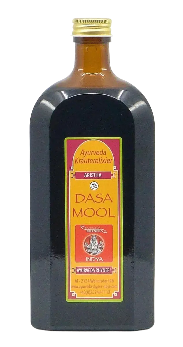 Ayurveda Rhyner Kräuterelixier Dasa Mool Arista Gärgetränk in 500ml Flasche mit Kräuterbestandteilen.
