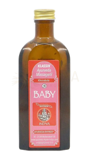 Braune glasflasche mit goldverschluss und rosa etikett klassik ayurveda massageöl baby von indya für khsirabala thaila baby ayurvedic massage