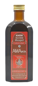 Dunkelbernflasche aus glas mit goldfarbenem schraubverschluss und rotem amavata etikett ayurveda rhyner ayurveda massageöl indya thaila amavata