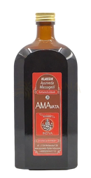 Ein dunkles bernsteinfarbenes glasfläschchen mit goldverschluss und rotem etikett der marke amawata für ayurveda rhyner ayurveda massageöl indya thaila amavata