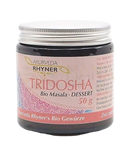 Glasglas mit silbernem metallverschluss und pinkem etikett enthält ayurveda rhyner tridosha bio masala dessert ayurvedisches bio gewürz 50g