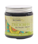 Ein dunkles glas mit silbernem metallverschluss und buntem etikett von rhyner Ayurveda tridosha bio masala pikant 50g