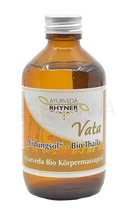 Amber glasflasche mit silberverschluss und weißem etikett für ayurveda rhyner vata vata thaila bio ayurvedisches massageöl