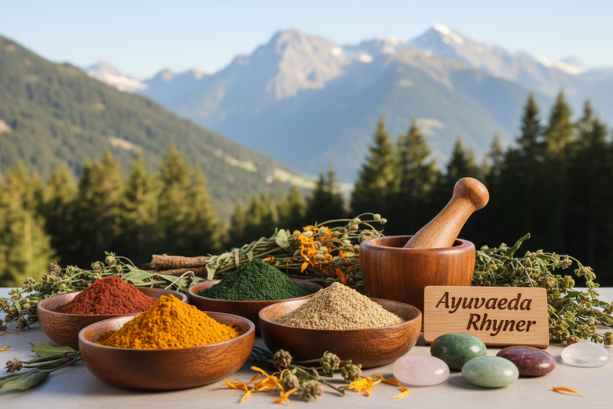 Verschiedene Bio-Gewürze und Kräuter in Holzschalen vor einer Alpenlandschaft.