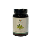 Dunkle bernsteinfarbene glasflasche ayurveda specialist amla mit schwarzem deckel und weißem etikett 60 vegane kapseln mana shop