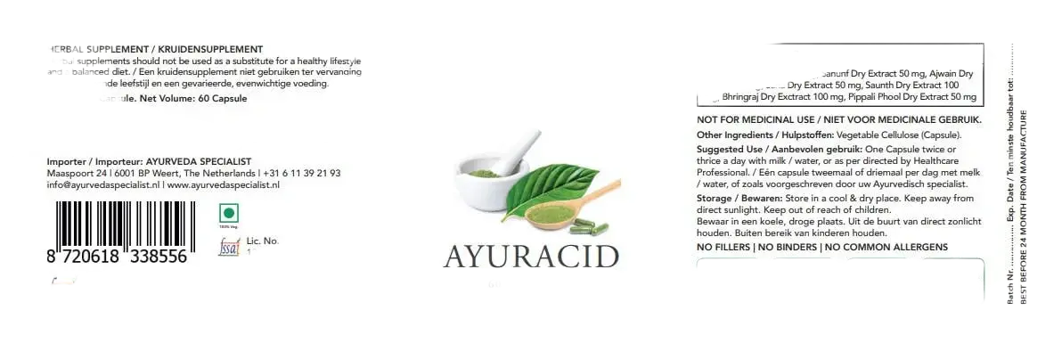 Ayurveda Specialist B.V. Ayuracid Nahrungsergänzungsmittel, 500 mg, in einer Dose mit Kapseln auf weißem Hintergrund