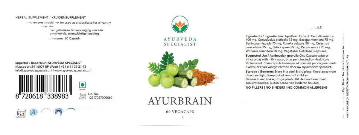 Ayurbrain Nahrungsergänzungskapseln von Ayurveda Specialist B.V. in einer blauen Packung mit weißen Kapseln.