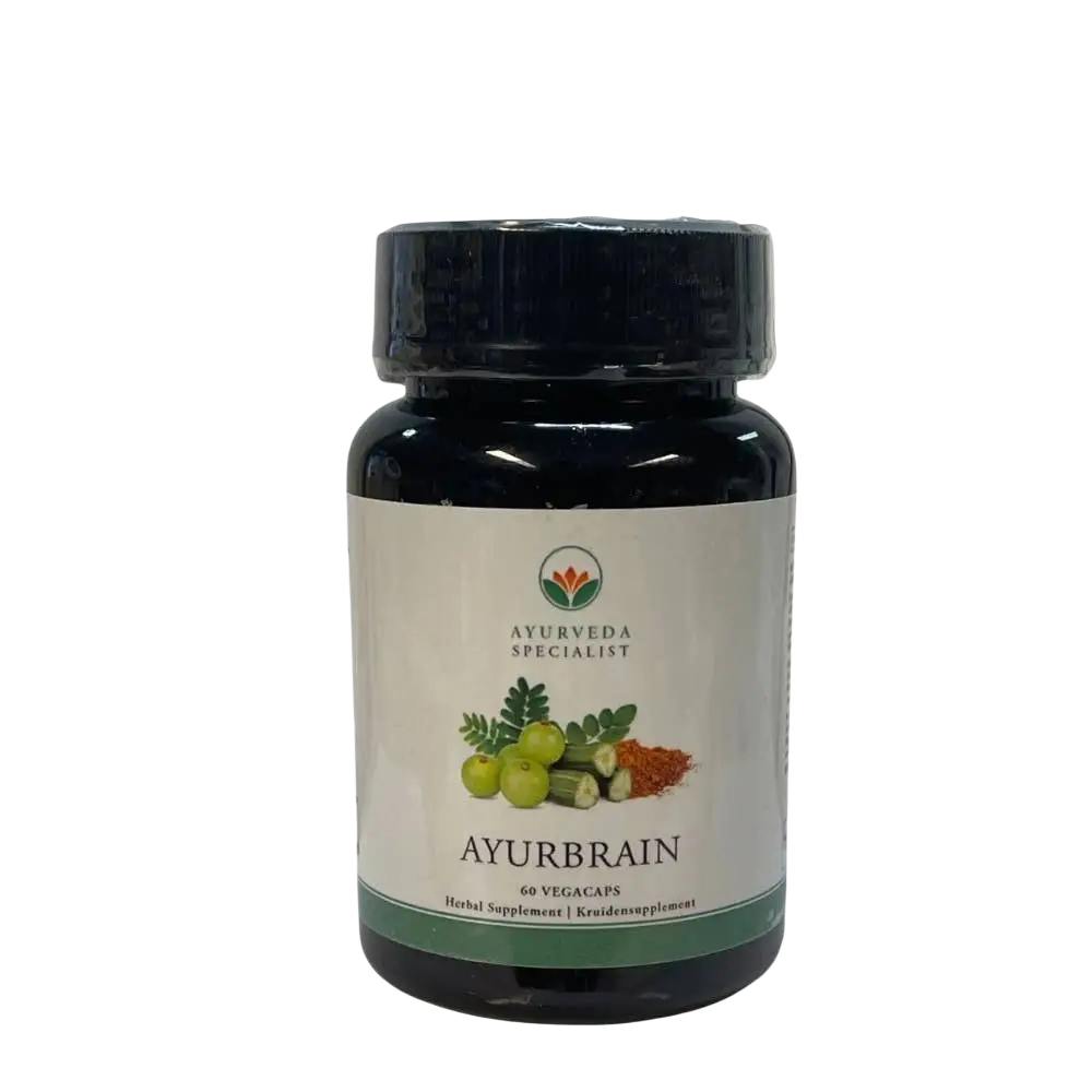 Ayurbrain Nahrungsergänzung in Glasflasche von Ayurveda Specialist B.V., ayurvedische Kapseln für geistige Klarheit