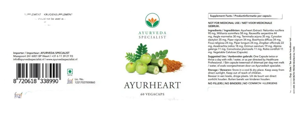 Ayurveda Specialist B.V. Ayurherz 500 mg pflanzliche Kapseln für Herz und Blutgefäße, Nahrungsergänzung in offener Verpackung
