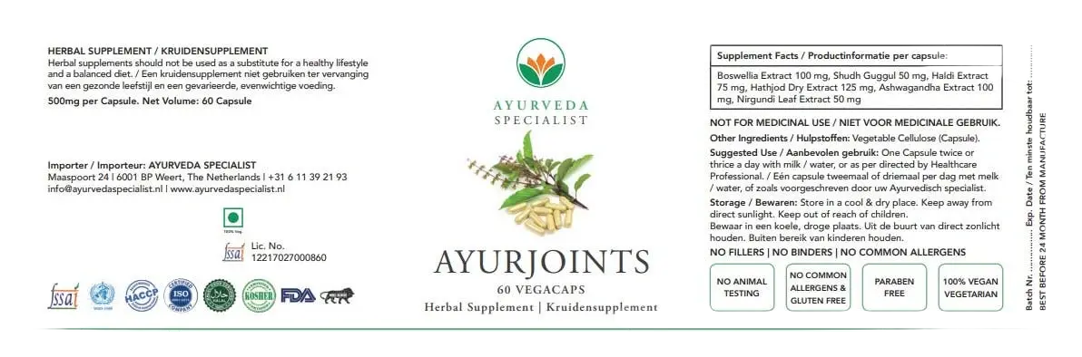 Ayurveda Specialist B.V. Ayurjoints 500 mg Nahrungsergänzung mit ayurvedischen Kräutern für Gelenke, Muskeln und Beweglichkeit