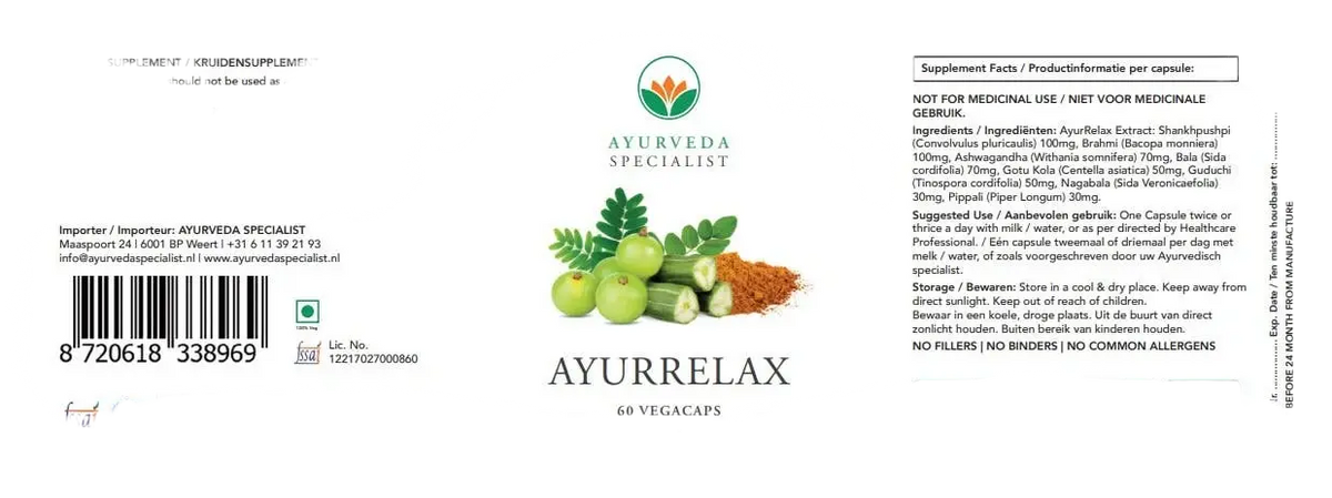 Ayurrelax Nahrungsergänzung von Ayurveda Specialist B.V. mit Kräutern zur Unterstützung der Entspannung.