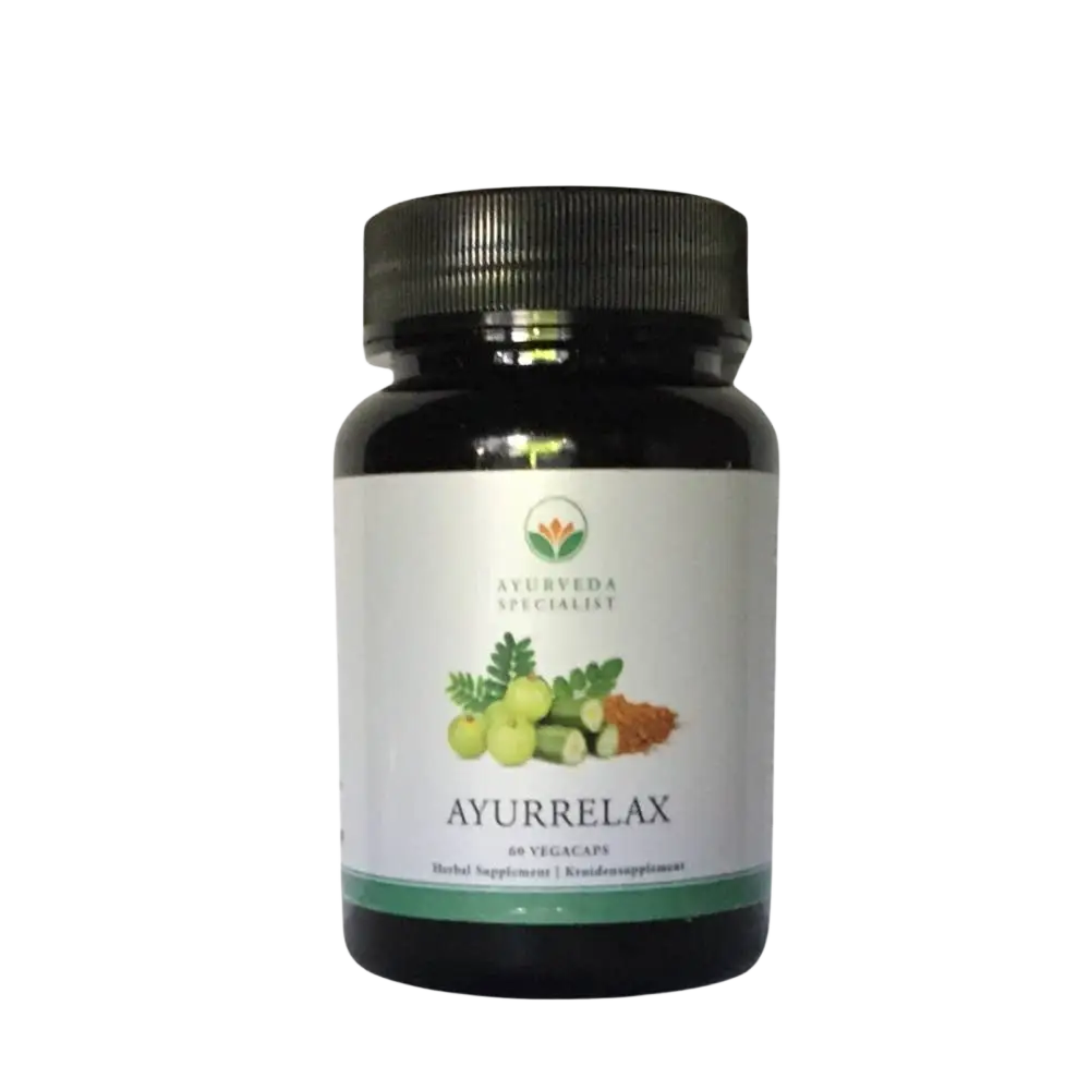 Ayurrelax Nahrungsergänzung von Ayurveda Specialist B.V. mit schwarzen Kapseln für Entspannung und Wohlbefinden