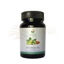 Black plastic bottle with ribbed cap and white label with green botanical illustrations ayurveda spezialist ayurrelax at mana shop