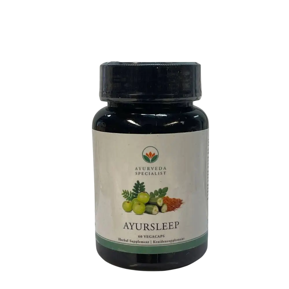 Ayurveda Specialist B.V. Ayursleep Vegakapseln, Nahrungsergänzungsmittel in grünen Kapseln auf weißem Hintergrund