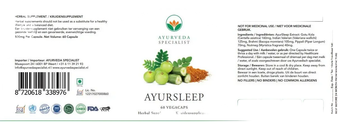 Ayurveda Specialist B.V. Ayursleep Vegakapseln, Nahrungsergänzung in einer weißen Flasche mit grüner Verpackung.