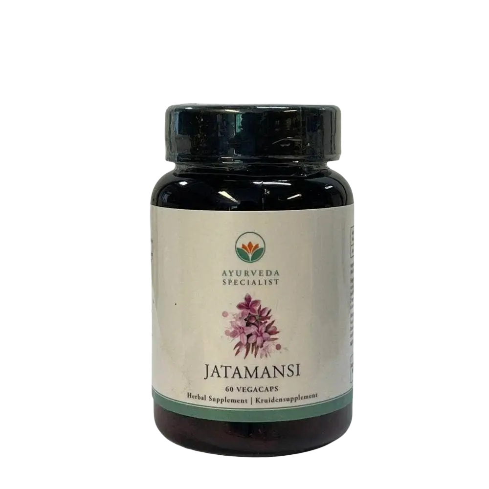 Jatamansi Kapseln von Ayurveda Specialist B.V., 500 mg, natürliche Nahrungsergänzung für Beruhigung, Flasche mit Kapseln.